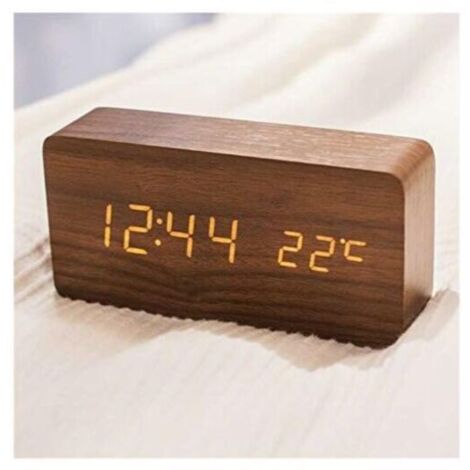 SABIR Réveil moderne en bois - LED Réveil en Bois Numérique Réveil Bureau Date Température Affichage Humidité 12/24 Heure - Pour la maison, la chambre à coucher, le bureau (Marron)