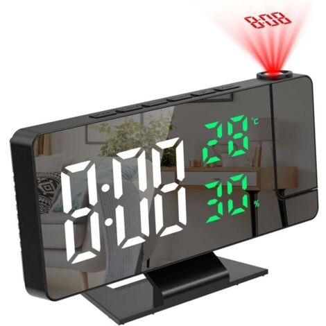 SABIR Reveil Projecteur Plafond,Réveil Projection, Horloge Digitale Projecteur 180°, Ecran Miroir 7.8", 4 Luminosités Réglable, Température et Humidité