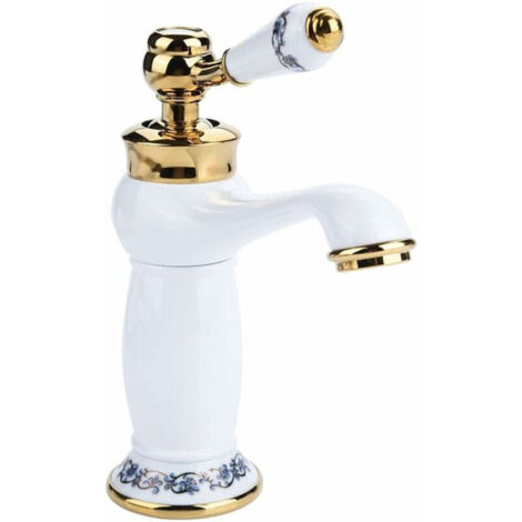SABIR Robinet d'évier en laiton antique en céramique bleu et blanc, robinet d'évier à long col vintage, robinet de cuisine, robinet d'eau chaude/froide, blanc