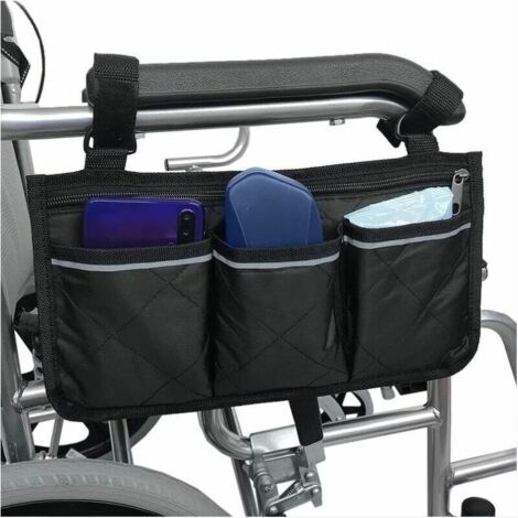 SABIR Sac de fauteuil roulant pour accoudoir - Sac de fauteuil roulant Oxford Sac de scooter portable étanche avec 4 compartiments réfléchissants pour poignées de fauteuil roulant, Noir