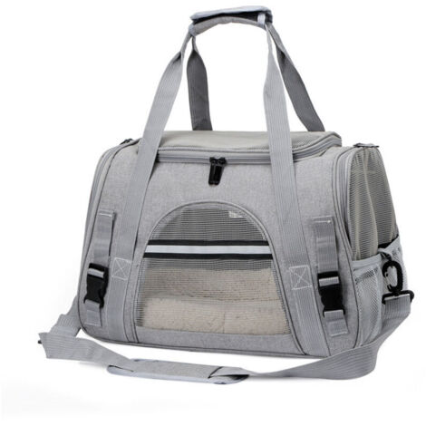SABIR Sac Transport Chat Chien, Caisse de Transport Chat Portable et Respirant, Cage Transport Chat Pliable avec Laisse de Sécurité Intérieure et Bol Idéal pour Chats, Petits Chiens, Gris