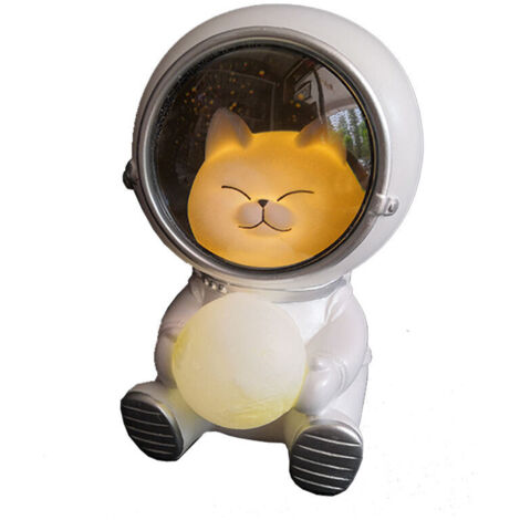 SABIR Spaceman Veilleuse 3D Astronaute Animal Chat Holding Lune Lampe de table pour chambre d'enfant Décoration de chambre d'enfant Lampe de nuit pour anniversaire Noël garçon fille