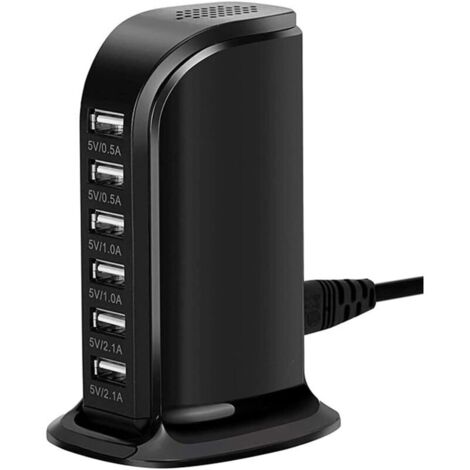 SABIR Station de charge USB de bureau - 30 W - 6 ports - Tour portable - Hub à domicile - Convient pour les téléphones portables, les tablettes - Chargeur multiport USB (noir)