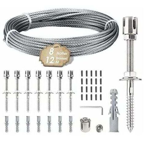 SABIR Support pour plantes grimpantes, kit de suspension de corde en acier inoxydable de 12 m avec câble en acier inoxydable de 3 mm et 8 tendeurs pour jardin/mur en béton/câble de clôture/bois massif