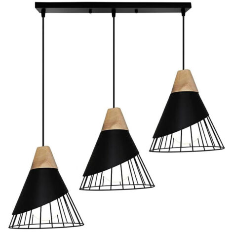 SABIR Suspension Luminaire 3 lumières en Barre Noir Plafonnier Lustre en Bois Fer Eclairage Décoration pour Couloir Restaurant Ba