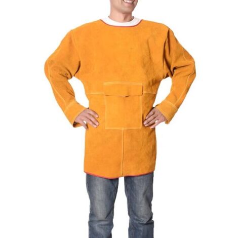 SABIR Tablier de Soudeur,Veste de Soudeur en Cuir résistant au feu de Tablier en Cuir avec Cuir de Vachette et vêtements de Protection pour Tablier d'artisan, Jaune, 85CM