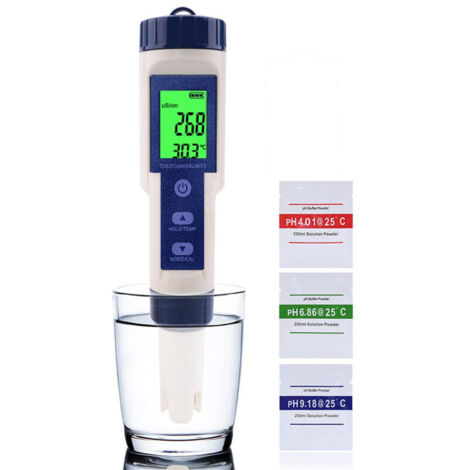 SABIR Testeur PH Mètre Électronique 5-en-1,Mesure Ph & TDS & EC Salinité & Température Testeur de qualité de l'eau,Écran LCD et Précision de Lecture,pour l'eau Potable, Aquariums, Piscines etc