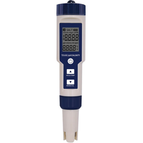 SABIR Testeur PH Mètre Électronique 5-en-1,Mesure Ph & TDS & EC Salinité & TempératureTesteur de qualité de l'eau,Écran LCD et Précision de Lecture,pour l'eau Potable, Aquariums, Piscines etc.