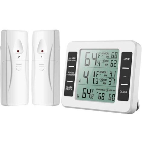 SABIR Thermomètre de réfrigérateur avec alarme de congélateur, thermomètre intérieur et extérieur sans fil avec 2 capteurs