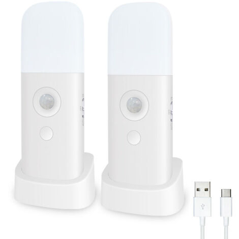 SABIR Veilleuse avec détecteur de mouvement [Lot de 2], rechargeable, portable, avec câble USB, applique murale sans fil avec allumage et arrêt automatique pour armoire, cuisine, escalier, chambre à c