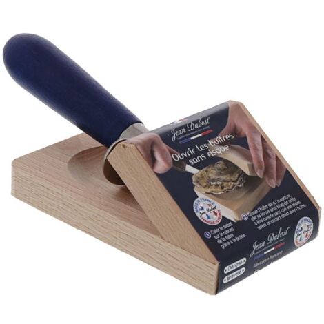 Sabot cale-huître en hêtre naturel – Couteau à huître inox 6 cm – Manche bois cérusé – Dimensions 13 x 8 cm – Fabriqué en France – Jean Dubost
