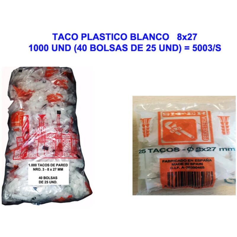 Bouchon en plastique blanc 8x27 1000 unités (40 sachets de 25 unités) 5003/S