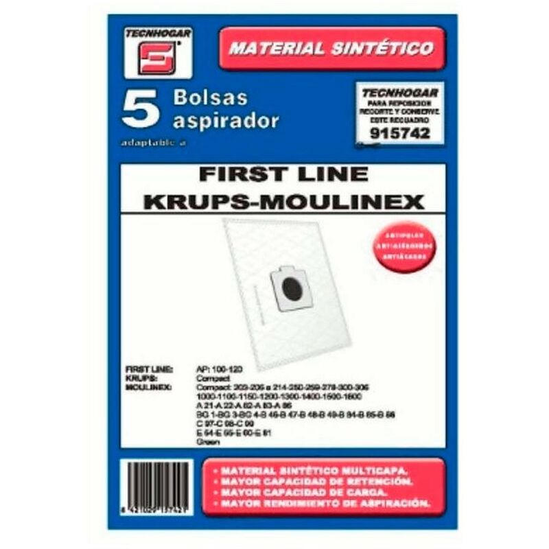 Sac 5 Sacs Synthétiques Aspirateur First Line Krups Moulinex 5 Unités 915742