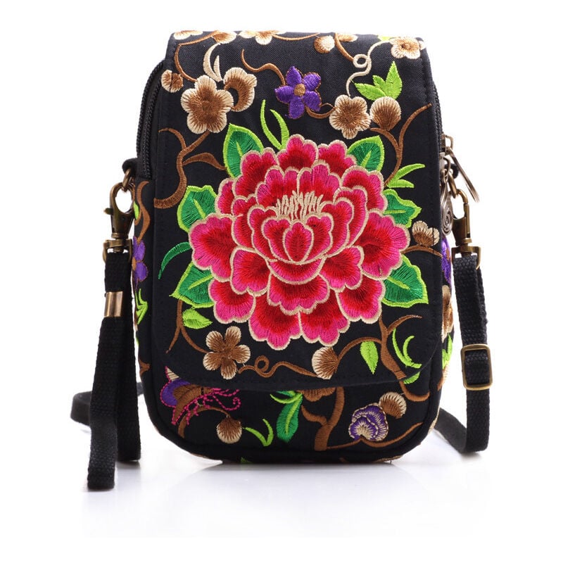 Sac à bandoulière brodé pour téléphone portable et pièces de monnaie pour femme