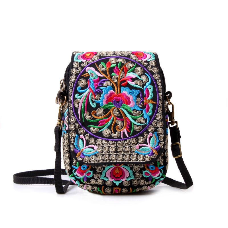 Sac à bandoulière brodé pour téléphone portable et pièces de monnaie pour femme