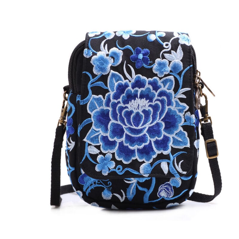 Sac à bandoulière brodé pour téléphone portable et pièces de monnaie pour femme