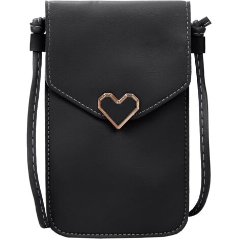 Sac à bandoulière en métal en forme de cœur pour femme avec fente pour carte (noir)