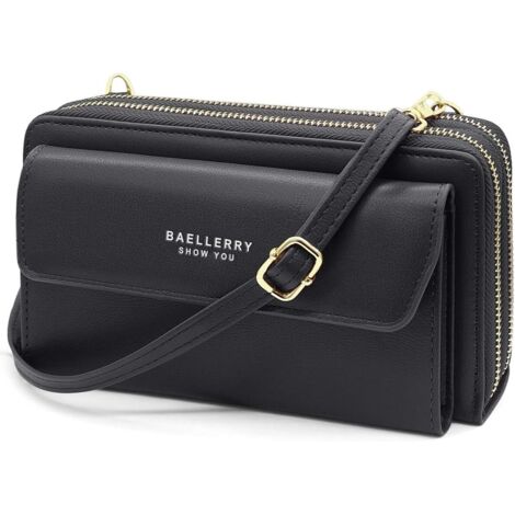 Sac à bandoulière pour téléphone avec bandoulière et fente pour 12 cartes (noir),