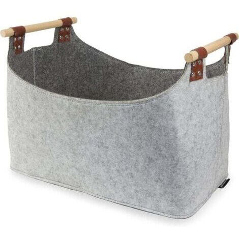Sac à bûches en feutre recyclé bicolore et épaisseur de 5 mm avec poignées de transport solides en bois pour bois de cheminée, journaux, jouets (gris clair/gris)
