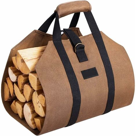Sac à bûches en toile de 7 cm Sac de chauffage pour cheminée Porte-bûches d'extérieur étanche Rangement pour bois de chauffage avec poignées solides antidérapantes Sangles Porte-bûches Marron