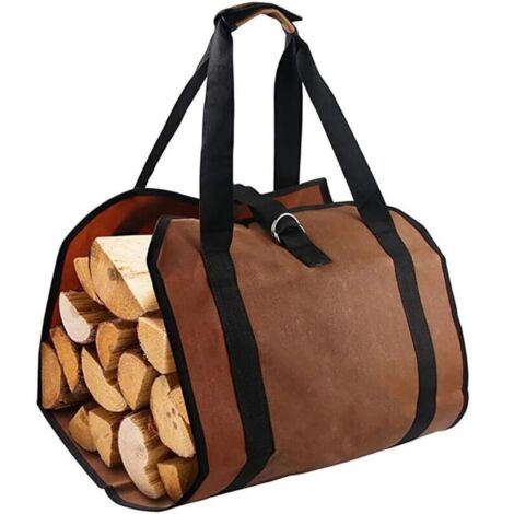 Sac à bûches en toile marron, idéal pour le transport du bois de chauffage, utilisable à l'intérieur, à l'extérieur et en camping