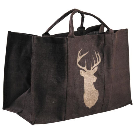 Sac à bûches marron en jute plastifiée avec cerf 30x60x40cm