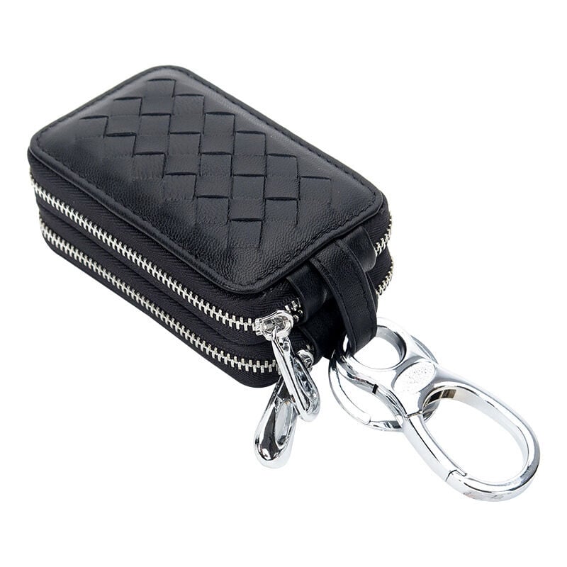 Fei Yu - Sac à clés tissé de haute qualité avec fermeture éclair à double couche à la taille, sac à clés de voiture en cuir véritable de grande