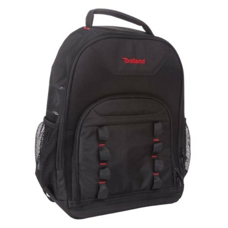 Perel - Toolland Sac à dos pour outils, polyester, 4 compartiments, porte-outils amovible, pieds en plastique, noir/rouge, 38 x 50 x 20 cm