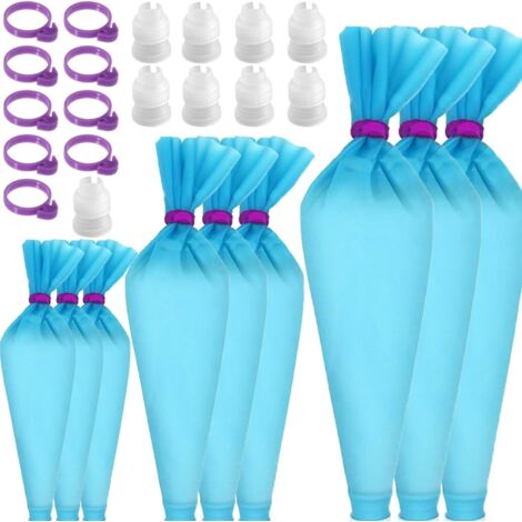 Sac à Douille Réutilisable - Sac à Glacer en Silicone - Kit de Décoration Pâtissière avec 3 Tailles 12 14 16 Pouces - 9 Raccords pour Douilles - 9 Liens