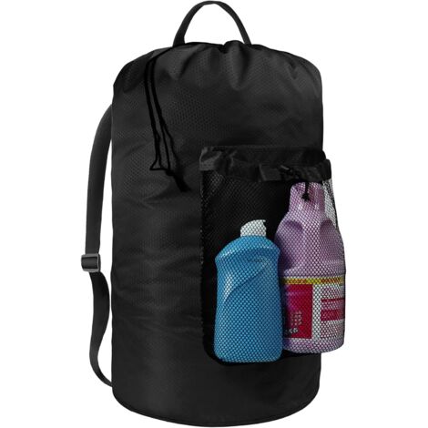 Sac à Linge - Sac à Dos avec Bretelles Réglables et Poche en Maille - Pour Logement Étudiant, Blanchisserie ou Voyage - Capacité Grande - Noir