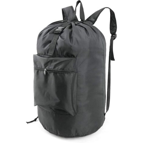 Sac À Linge - Sac À Dos Avec Bretelles Réglables - Fond Arrondi - Fermeture À Cordon Et Sangle De Sécurité - Polyester Rip-Stop - 40 X 73 Cm - Noir - 1 Pièce