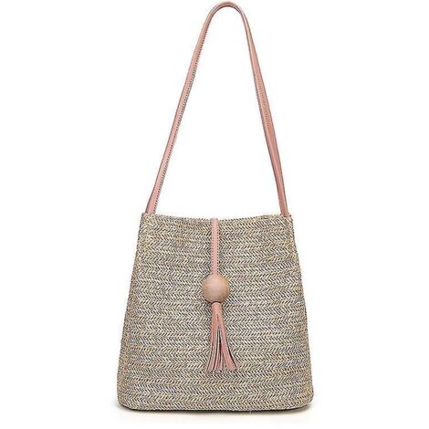 Sac à main bohème en paille et rotin pour femme, sac bandoulière tricoté à la main, sac seau à pompons pour l'été - Rose-Pink