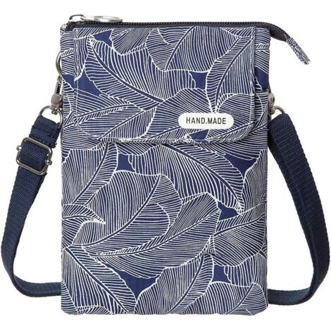 Sac à main en toile à bandoulière, motif de feuilles (bleu),