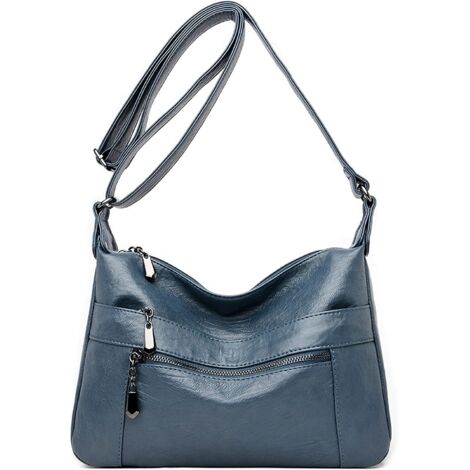 Sac à main multi-poches en cuir pour femme avec bandoulière réglable (bleu)