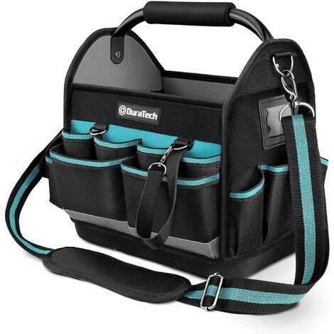 Sac à outils avec grande ouverture supérieure – Fond dur étanche en tissu oxford 900D – Bandoulière réglable – Dimensions 30,5x22x30cm – Duratech