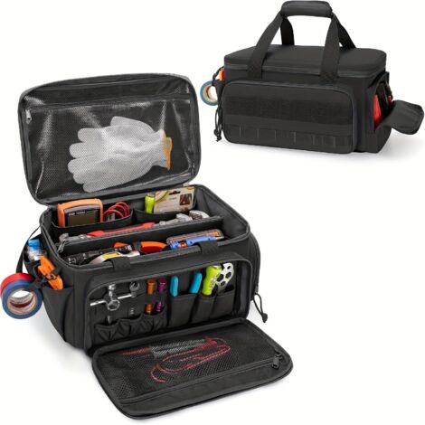 Sac à outils en toile noire de 14 pouces, sac de rangement d'outils portable et léger, sac de rangement multifonctionnel pour électriciens et réparateurs.