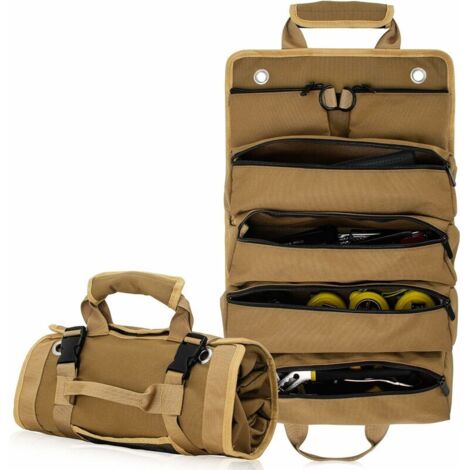 Sac à Outils Enroulable en Toile, Robuste Sac Porte-Outils pour Mécanicien/Électricien/Moto/Camion (Kaki)