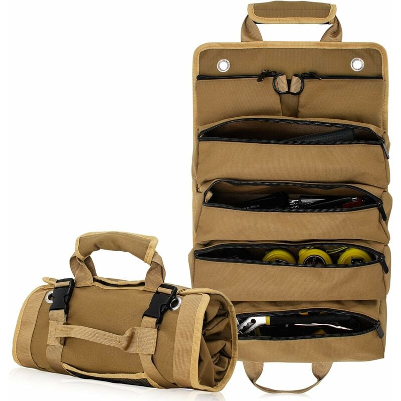 Jusch - Sac à Outils Enroulable en Toile, Robuste Sac Porte-Outils pour Mécanicien/Électricien/Moto/Camion (Kaki)
