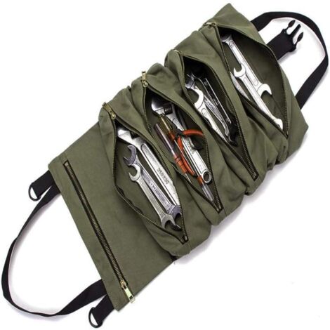 Sac à Outils Enroulable Multifonctionnel 5 Poches, Trousse de Rangement Toile Verte Armée, Support Outil Suspendu, Pour Camping Auto Mécanique