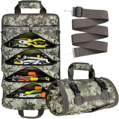 Sac à outils enroulable, robuste, vide, portable, pliable, avec 2 petites poches, sac de transport enroulable, sac à outils, papa, homme, mécanicien (camouflage)