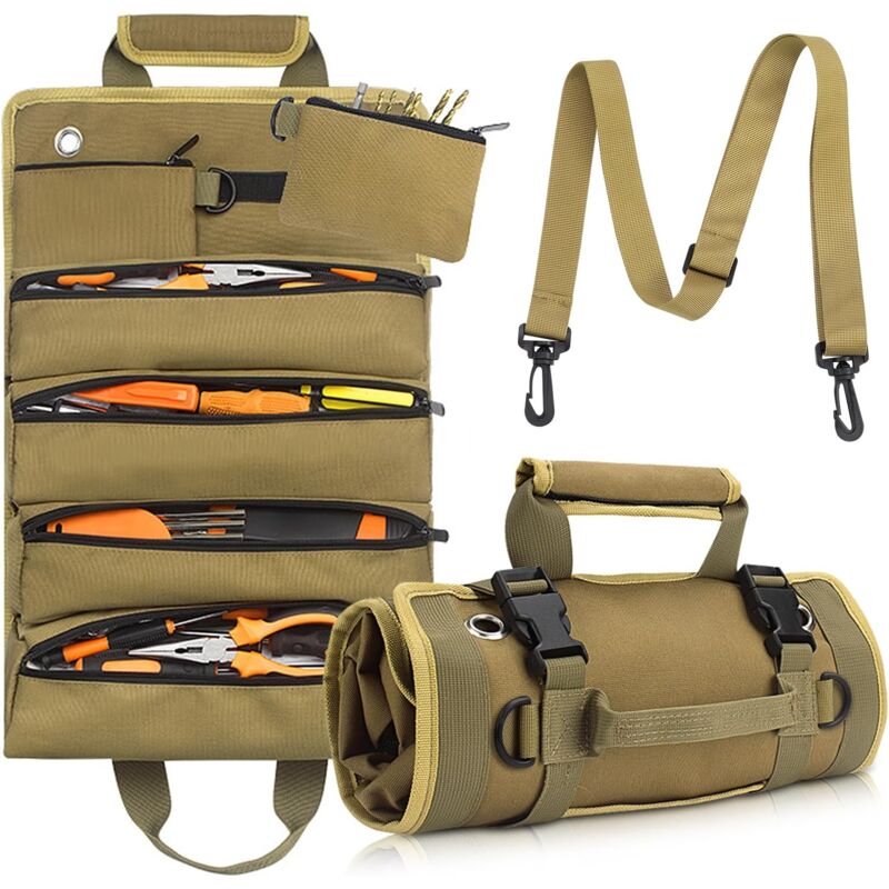 Sac à Outils Enroulable Trousse a Outils Sacs Porte-Outils Moto avec 5 Poches à Fermeture Éclair pour Ménage Charpenterie Électricien Voitures