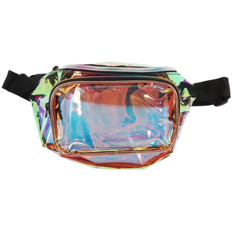Sac banane PVC transparent iridescent étanche avec fermeture éclair, idéal pour voyage, fête, course et randonnée.