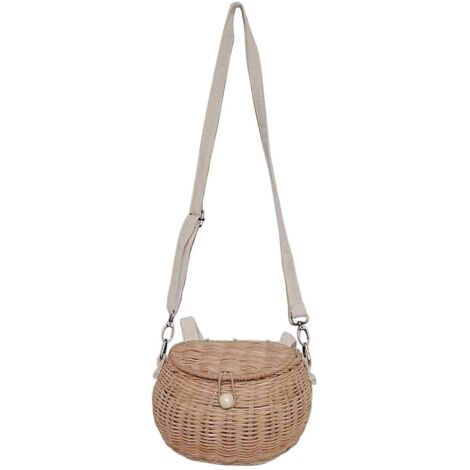 Sac bandoulière en rotin tressé avec panier de rangement et couvercle, contenant à goûter et jouets pour enfants (garçons et filles), sac à bandoulière multifonctionnel, accessoire de photographie