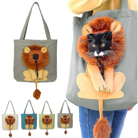Sac bandoulière en toile pour animaux de compagnie - Sac bandoulière mignon en forme de lion - Sac de poitrine portable pour petits chiens et chats - Accessoires pour animaux de compagnie - Gris foncé