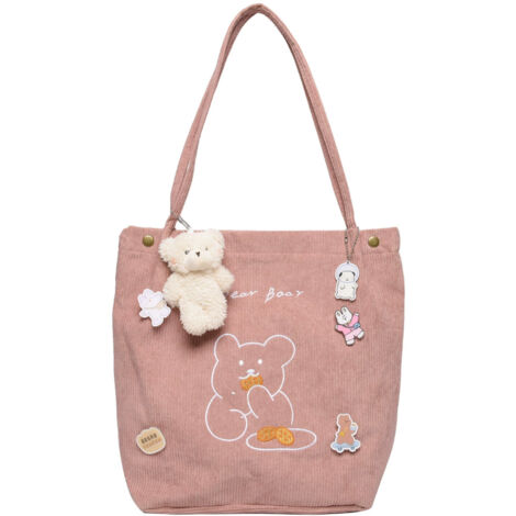 Sac cabas en velours côtelé, sac à bandoulière décontracté, joli sac de courses, sac du quotidien pour femmes et filles, rose