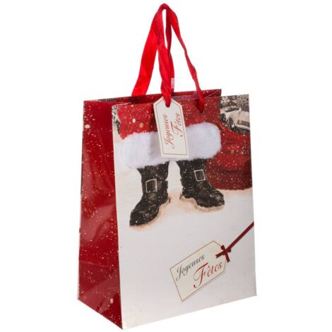 Sac cadeau imprimé petite taille père Noël avec fourrure - Feeric lights & christmas