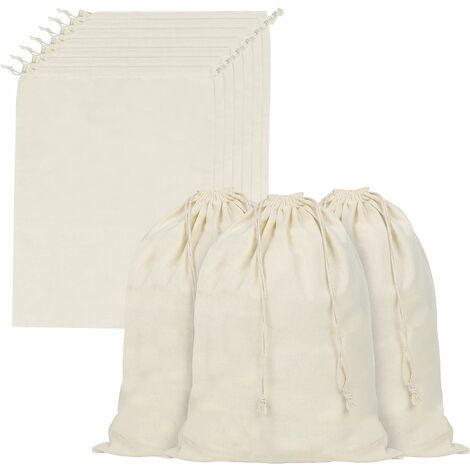 Sac Cordon Coton Mousseline avec Poignées Coulissantes (Lot de 10) - -Sac Legumes Reutilisable en Toile Végétale, Biodégradable et Écologique