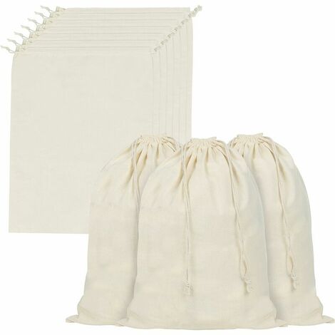 Sac Cordon Coton Mousseline avec Poignées Coulissantes (Lot de 10) - -Sac Legumes Reutilisable en Toile Végétale, Biodégradable et Écologique H686