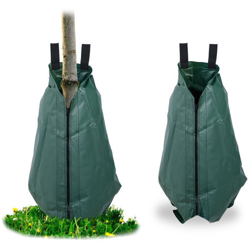 Sac d'arrosage pour votre arbre, lot de 2, 75 litres, arrosage goutte à goutte jusqu'à 8 heures, vert foncé - Relaxdays