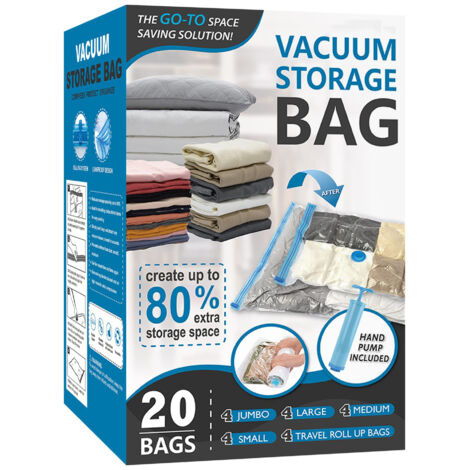 Sac De Compression Sous Vide - 4 X Jumbo 100x70 Cm - 4 X Grand 85x55 Cm - 4 X Moyen 70x50 Cm - 4 X Petit 60x40 Cm - 4 X Rouleau Voyage 60x40 Cm - Lot De 20